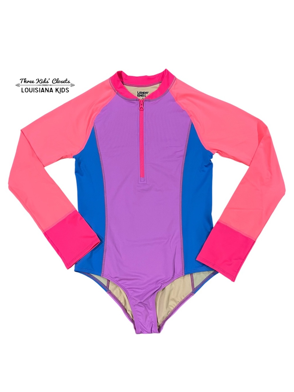 Lands' End 16Y One-Piece Rash Guard Swimsuit Colorblock Purple, Pink, Blue